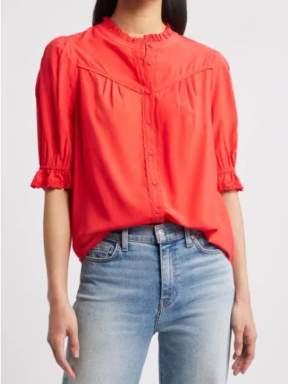 Wit and Wisdom Poppy Red  Eyelet Button Down Blouse